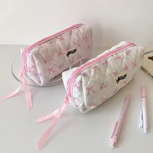 Gesteppte Schleife Federtasche Große Kapazität Make-up Tasche Ästhetische Schreibwaren.
