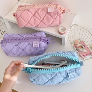 Cute quilted pencil pouch large capacity cosmetic bag with big zipper for students use