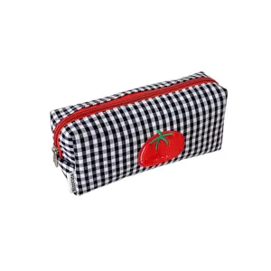 Black white gingham pencil case with red tomato embroidery and zipper makeup bag for students.
