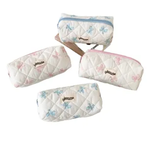 Ins style quilted pencil case cute bow makeup pouch large capacity portable storage bag