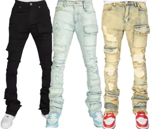 Men stacked denim cargo pants streetwear distressed flared jeans with multiple cargo pockets.
