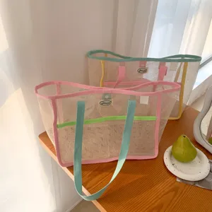 Stile INS Borsa a Mano in Rete a Contrasto Colore Macaron Griglia Borsa di Immagazzinaggio Portatile Esterno Cosmetici Borsa Poliestere