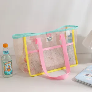 Detail view of summer mesh tote bag, spacious casual beach bag for outdoor travel.
