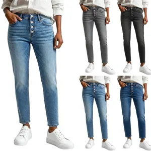 High waist button fly skinny denim jeans for women, casual long pants apparel details view.