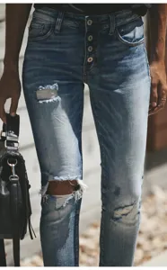 Vrouwen Hoge Taille Gescheurde Skinny Jeans Elastische Denim Broek Casual Streetwear Knoop