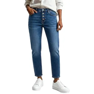 Women's high-waisted button-fly skinny denim jeans vintage washed casual trousers