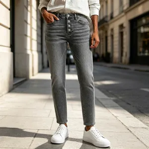 Women vintage washed high waist multi-button grey denim long pants casual wear