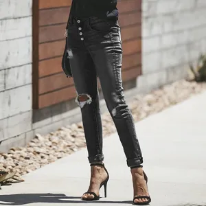 Gewassen donkergrijze distressed high waist skinny jeans voor dames met knoopsluiting.