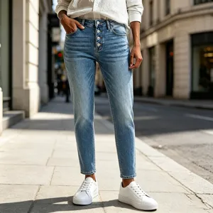 High-waisted button-fly skinny jeans detail view showing denim wash and premium stitching.