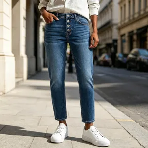 Women high waisted button fly denim jeans blue washed vintage distressed long trousers
