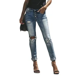 Vrouwen hoge taille stretch distressed skinny jeans casual gescheurd gewassen lange broek