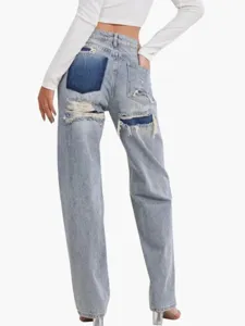 Women light blue ripped patchwork denim jeans casual high waist straight leg trousers streetwear
