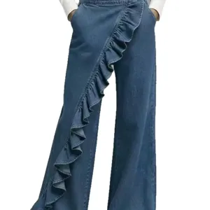 Women Retro Irregular Mid Waist Ruffled Denim Long Pants Casual Spring Summer Wide Leg Jeans