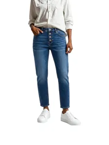 Women vintage washed high waisted multi button denim jeans casual long pants trendy apparel