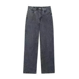 Dark grey denim jeans detail shot showing high waist design and vintage acid wash texture.