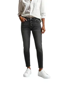 Women high waist button fly skinny jeans vintage washed grey denim trousers casual long pants