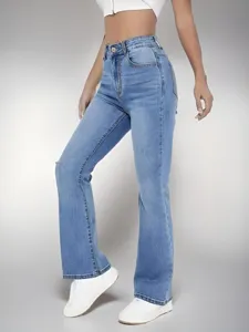 Stylish high waist light blue flare jeans for women, slim fit denim pants detail view.