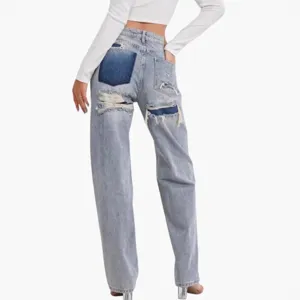 Women's Casual Loose Fit Denim Pants High Waist Distressed Patchwork Straight Leg Long Jeans Plus Size Streetwear