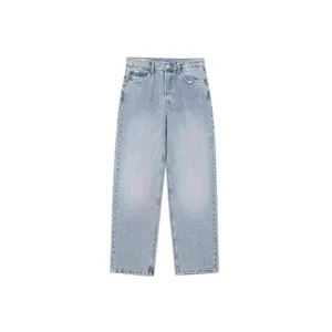 Women casual light blue loose straight leg denim jeans, stylish everyday streetwear.