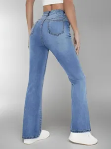 High waist light blue flare jeans for women, slim fit stretch denim trousers back view