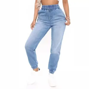 Damen Hellblaue Jeans Jogger Hose, hohe Taille lässige elastische Kordelzug Hosen für den Alltag.