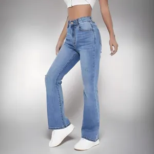 Women's high waist light blue flare jeans, slim fit casual denim pants for stylish daily wear.