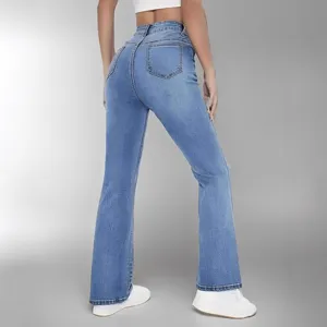 Women high waist light blue flared jeans back view slim fit stretch casual denim trousers