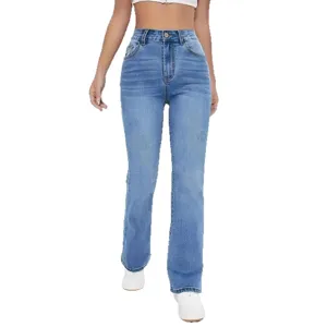 High waist light blue flare jeans for women, slim fit casual denim long trousers.