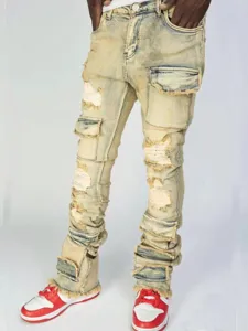 Men's stacked cargo distressed denim jeans, light wash multi-pocket flare trousers style.