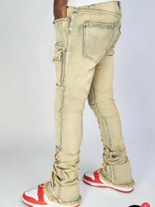 Men's washed distressed stacked flare cargo jeans, stylish stacked denim trousers for daily wear.