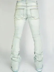 Men light wash stacked flared jeans stretch slim fit denim trousers streetwear fashion casual