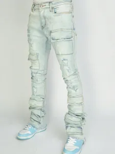 Men's light wash distressed stacked cargo jeans streetwear fashion stretchy denim trousers