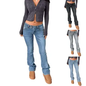 Women low rise flare denim jeans casual washed stretch slim fit street style trousers