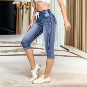 Women elastic waist cropped denim jeans high rise casual blue capri pants summer wear