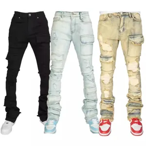 Men's Vintage Washed Ripped Denim Cargo Jeans Streetwear Casual Straight Leg Stacked Flared Cotton Denim Pants