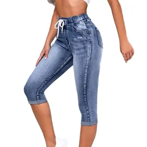 Women's elastic waist cropped denim leggings high waist casual capri jeans summer style