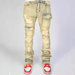Men's distressed stacked cargo denim jeans, vintage washed elastic slim fit straight pants