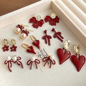 Vintage Weinrot Schleife Herz Blume Hängeohrringe Für Damen Elegant Kupfer Künstliche Perle Emaille Glasur Ohrstecker Schmuck Geschenk