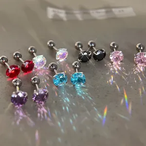 Stainless steel colorful zircon cartilage stud earrings screw back body piercing jewelry detail