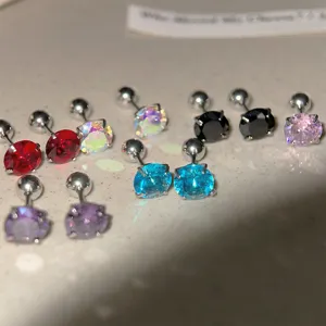 Stainless steel screw-back cartilage earrings with colorful zircon, secure daily wear.