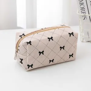 Corduroy cosmetic bag cute black bow makeup pouch large capacity travel storage case