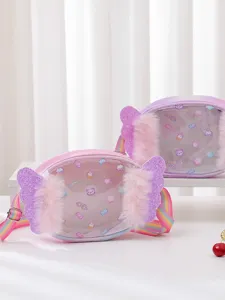 Cute candy shape children crossbody bag with glitter fluffy wings and rainbow straps.