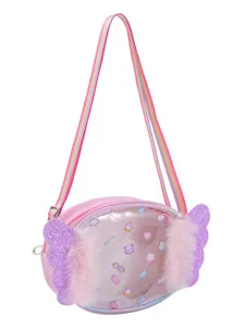 Children's cute pink glitter wing crossbody bag with transparent pocket and rainbow straps.