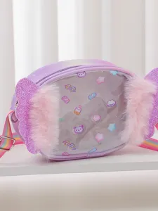 Children's cute candy shaped crossbody bag with glitter wings and fluffy plush details.