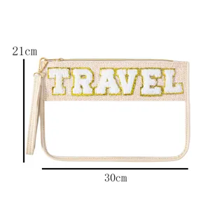 Clear cosmetic bag with chenille travel letters portable makeup pouch organizer bag