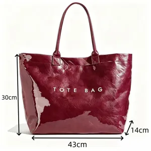 Large capacity waterproof shiny tote bag handbag for women daily commuting, wine red.