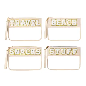 Clear cosmetic pouch set with glittery chenille letters, portable travel makeup bag 4pcs.