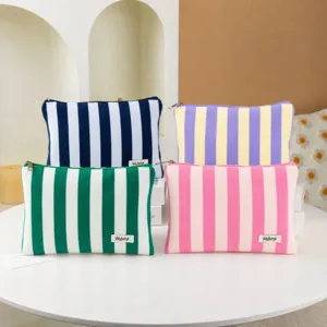 Striped plush cosmetic bag portable zipper storage pouch cute makeup organizer travel case