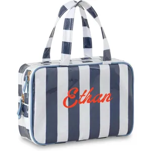 Detailed view of the blue and white striped PVC cosmetic bag with custom red print.