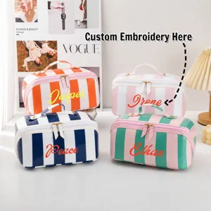 Large Capacity Waterproof PVC Cosmetic Bag Color Block Striped Travel Toiletry Pouch Portable Makeup Storage Bag For Women